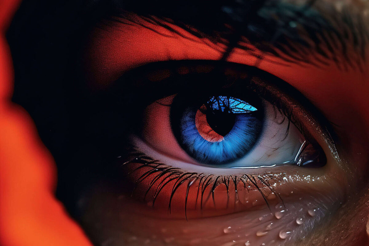 Ojo humano con reflejo azul y detalles de lágrimas, resaltando la estética de la fotografía y la expresión emocional.