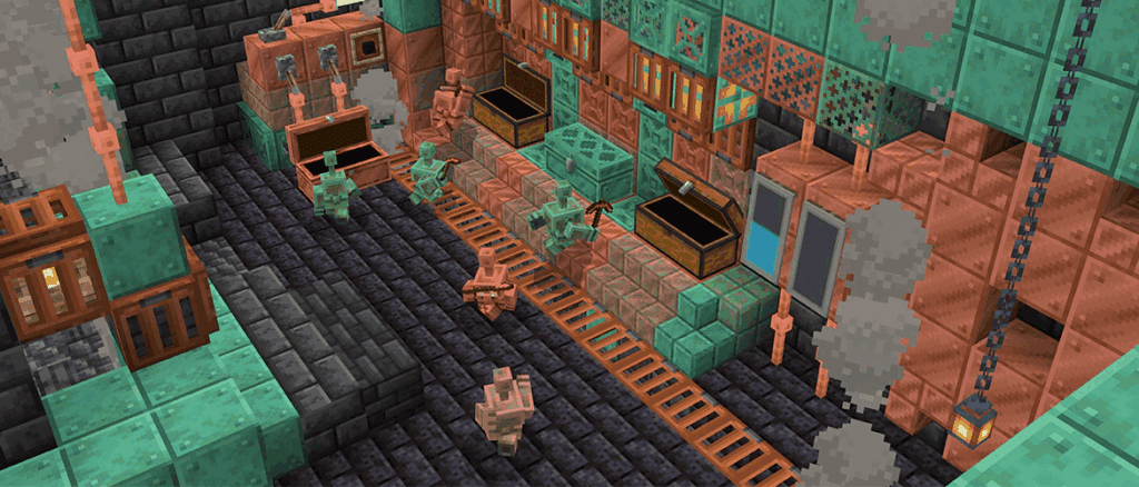 Detalle visual de bloques de cobre y estructuras en Minecraft