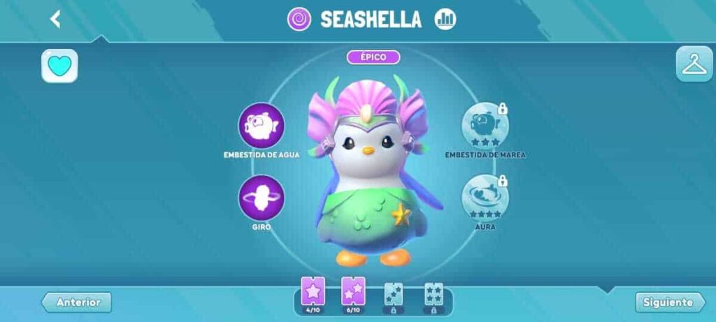 Seashella mascota de juego con Seashell mascota de juego con estilo épico, combinando habilidades como embestida de agua, giro y aura marina 