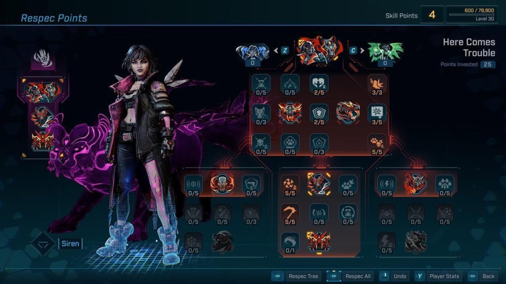 Menú de habilidades Siren en Borderlands 4 con árbol Here Comes Trouble.