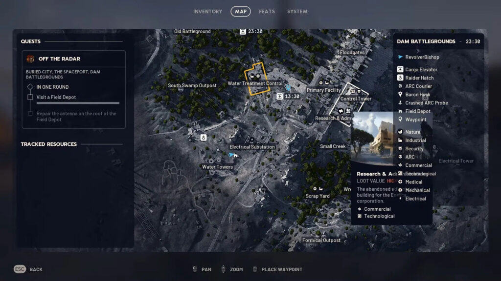 Mapa de Arc Raiders mostrando varias ubicaciones de depósitos de campo en Dam Battlegrounds