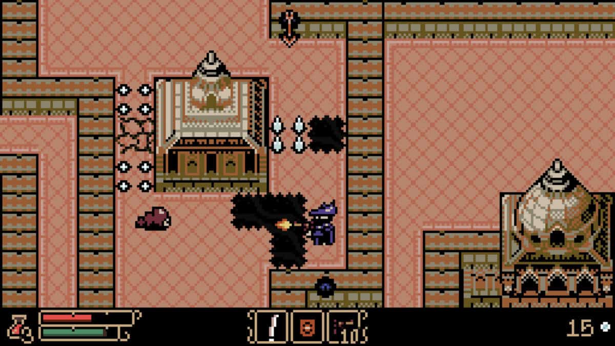 Captura de pantalla del juego Tearscape mostrando combate de 8 bits en un mundo gótico.1